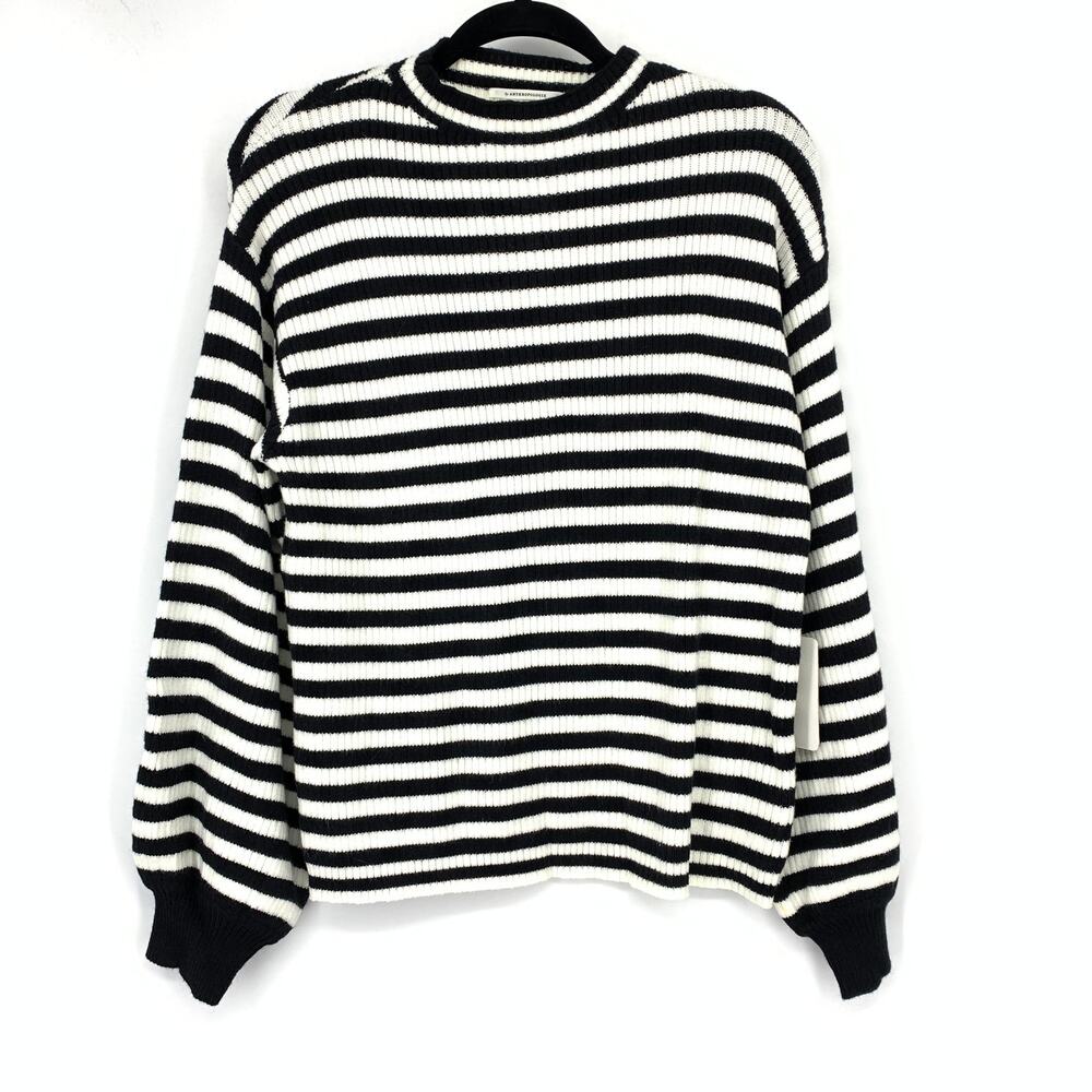 By Anthropologie Line & Dot Womens Stripe Mock Neck Ribbed Sweater M Black White